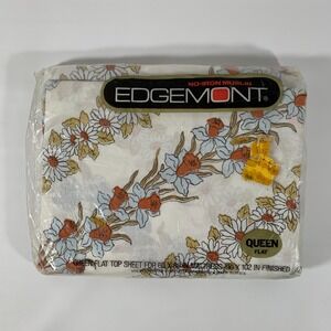 Vintage Edgemont Queen Flat Sheet Orange Blue Floral Tulips, Daffodils, Daisies